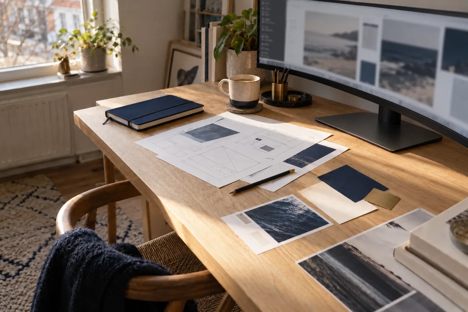 Arbeitsplatz im LeinePixel-Studio mit Skizzen, Farbmustern und Monitor