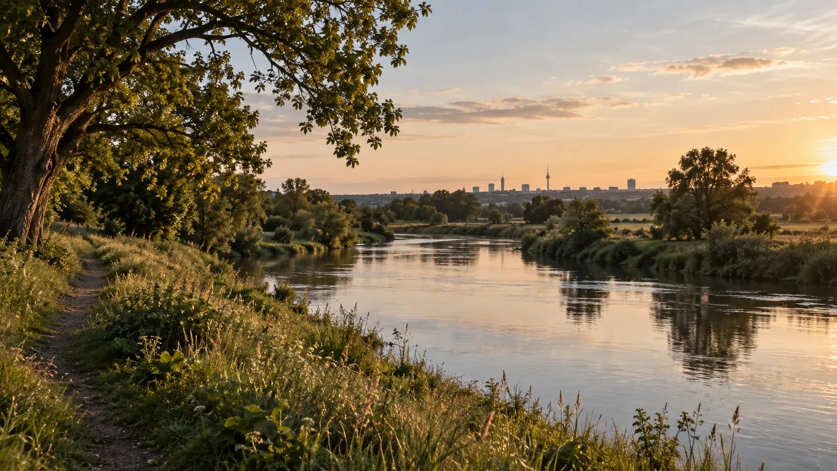 Die Leine am frühen Abend mit Blick Richtung Hannover